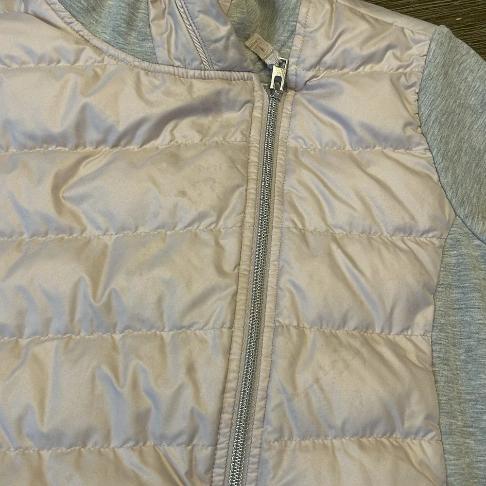 Athleta Girl Hybrid Down Puffer Hoodie Jacket Pink Gray Full Zip Girls XL 14